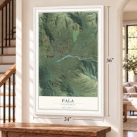 Pala, California map, 24 x 36 inch print in a white frame by a staircase