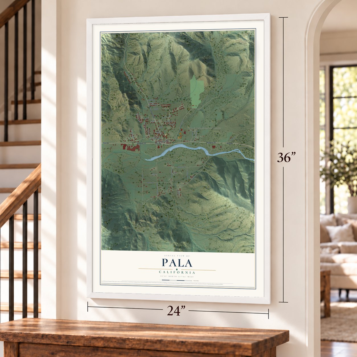 Pala, California map, 24 x 36 inch print in a white frame by a staircase