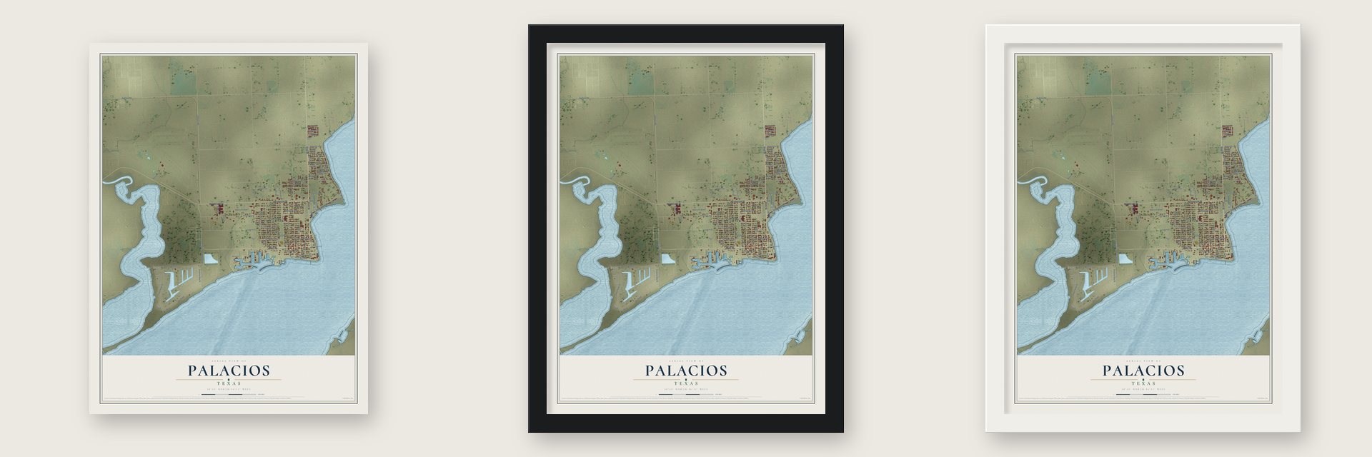 Palacios, Texas map unframed, in a black wood frame and in a white wood frame