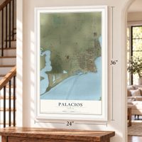 Palacios, Texas map, 24 x 36 inch print in a white frame by a staircase