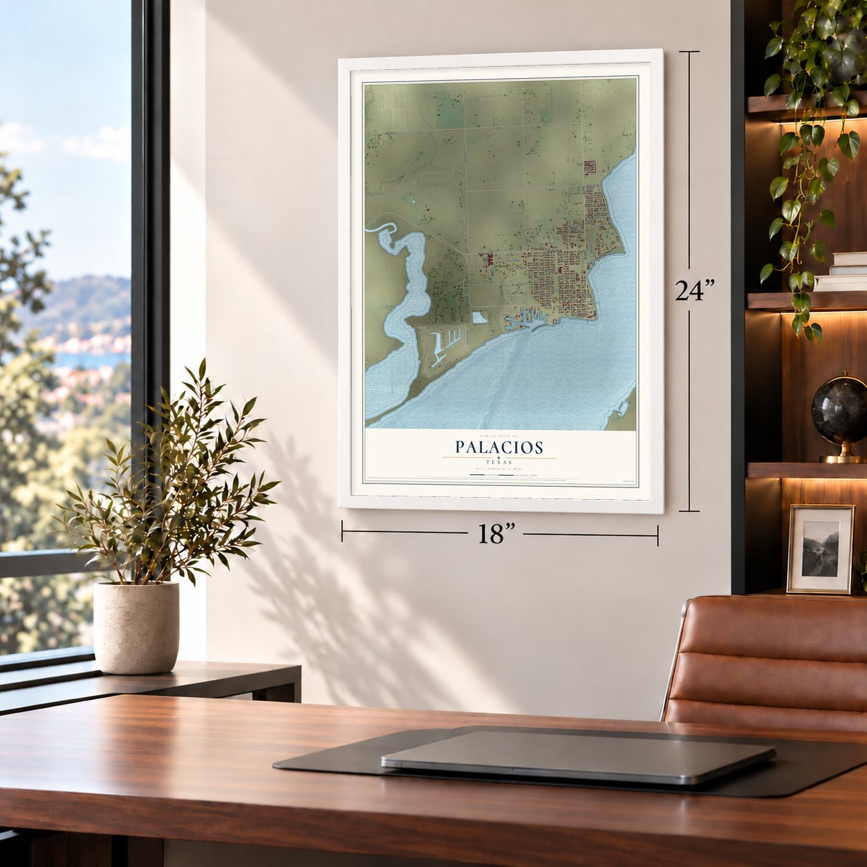 Palacios, Texas map, 18 x 24 inch print in a white frame in a home office