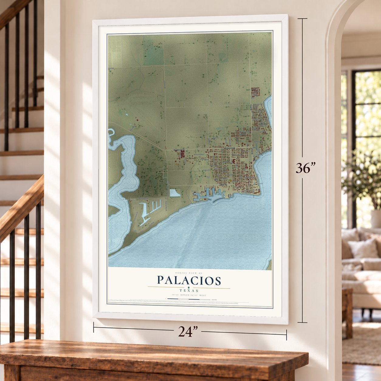 Palacios, Texas map, 24 x 36 inch print in a white frame by a staircase