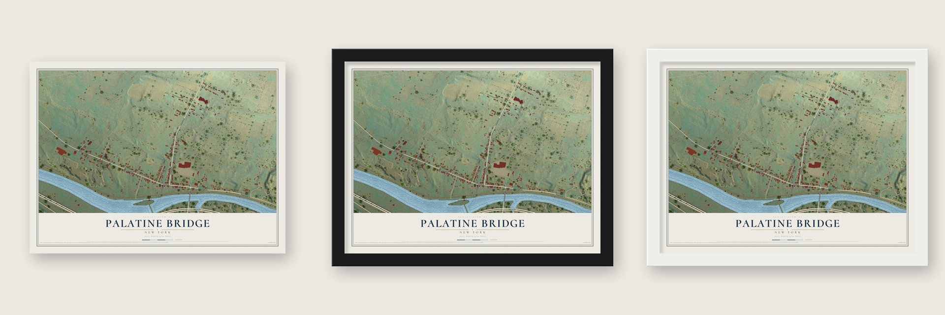 Palatine Bridge, New York map unframed, in a black wood frame and in a white wood frame