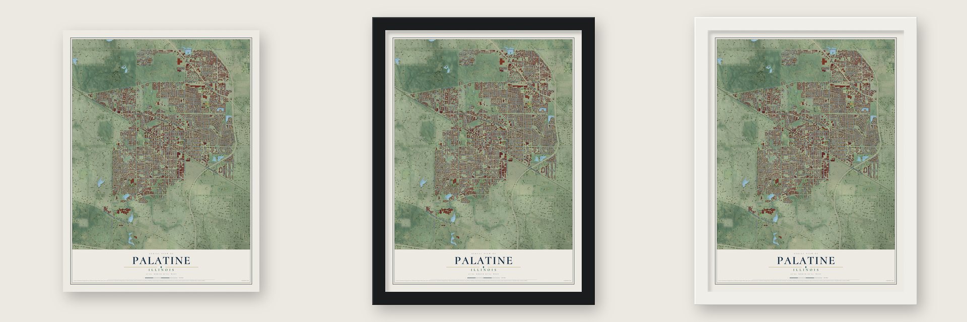 Palatine, Illinois map unframed, in a black wood frame and in a white wood frame