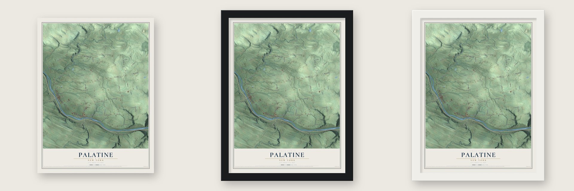 Palatine, New York map unframed, in a black wood frame and in a white wood frame