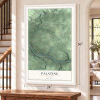 Palatine, New York map, 24 x 36 inch print in a white frame by a staircase