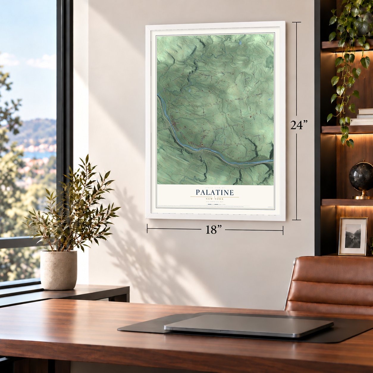 Palatine, New York map, 18 x 24 inch print in a white frame in a home office