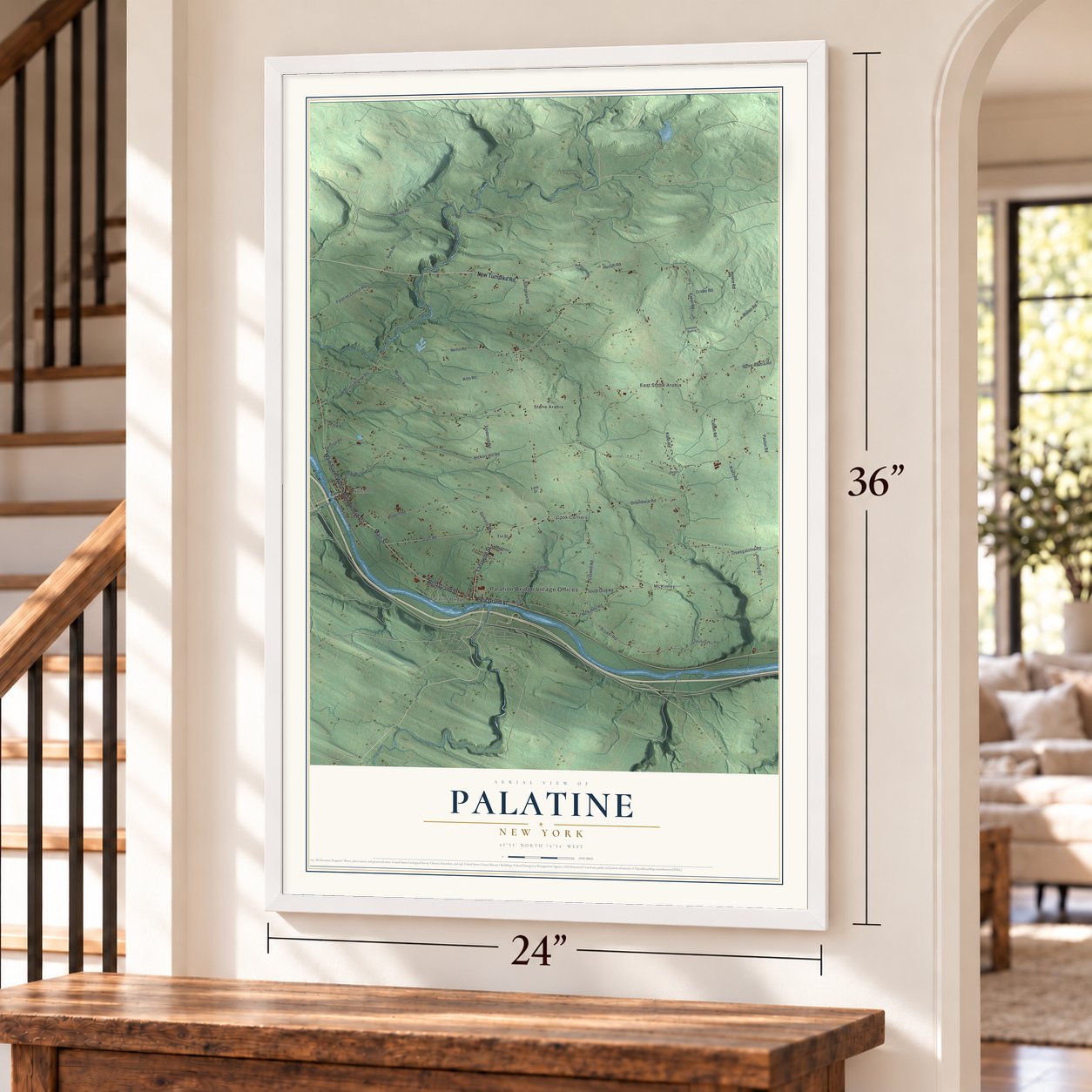 Palatine, New York map, 24 x 36 inch print in a white frame by a staircase
