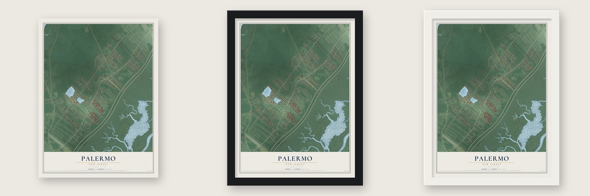 Palermo, New Jersey map unframed, in a black wood frame and in a white wood frame