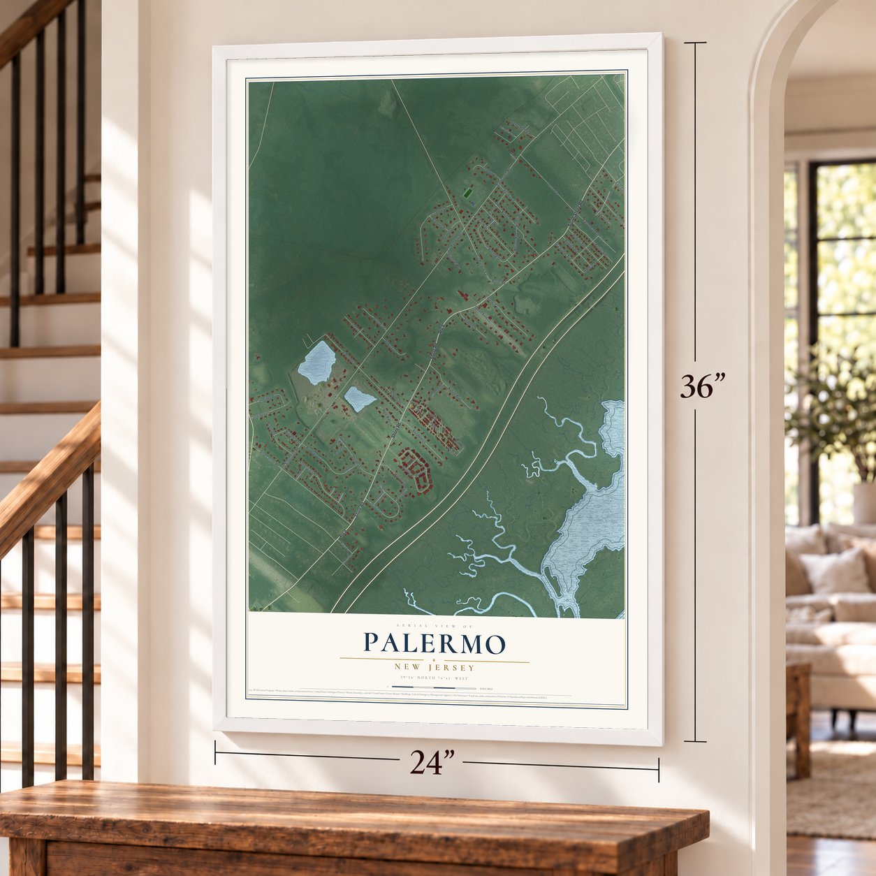 Palermo, New Jersey map, 24 x 36 inch print in a white frame by a staircase