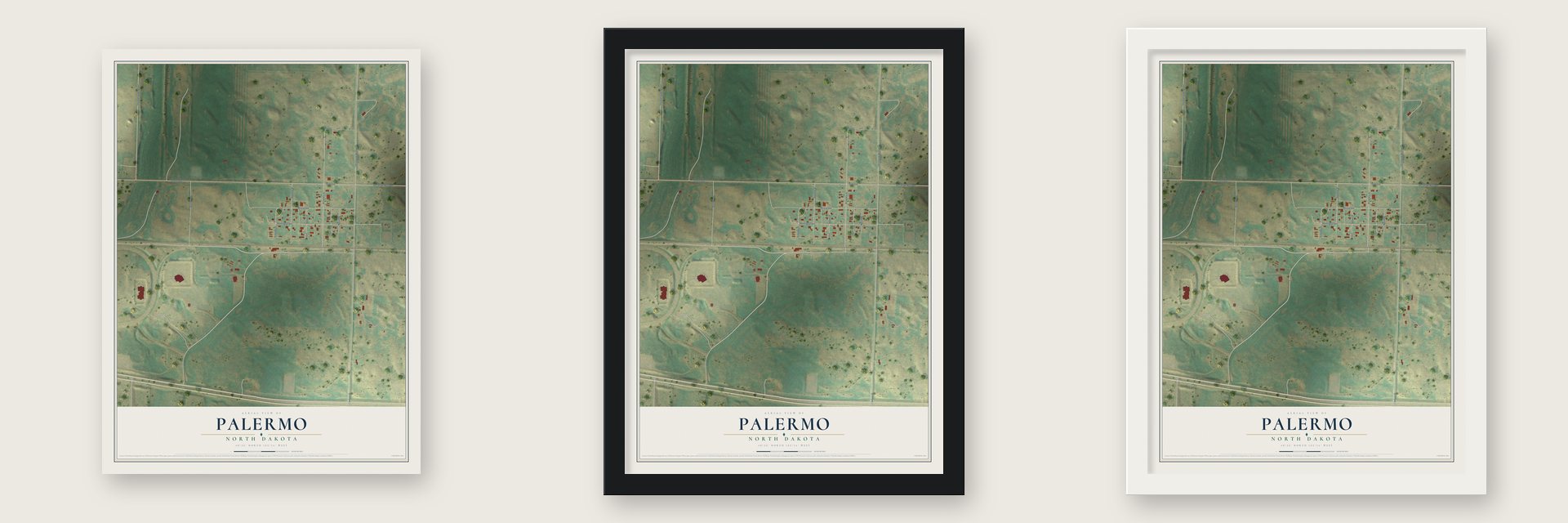 Palermo, North Dakota map unframed, in a black wood frame and in a white wood frame