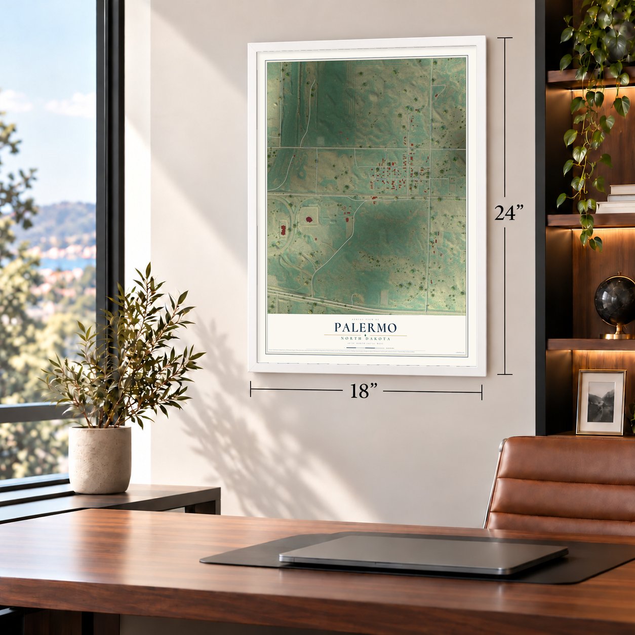 Palermo, North Dakota map, 18 x 24 inch print in a white frame in a home office