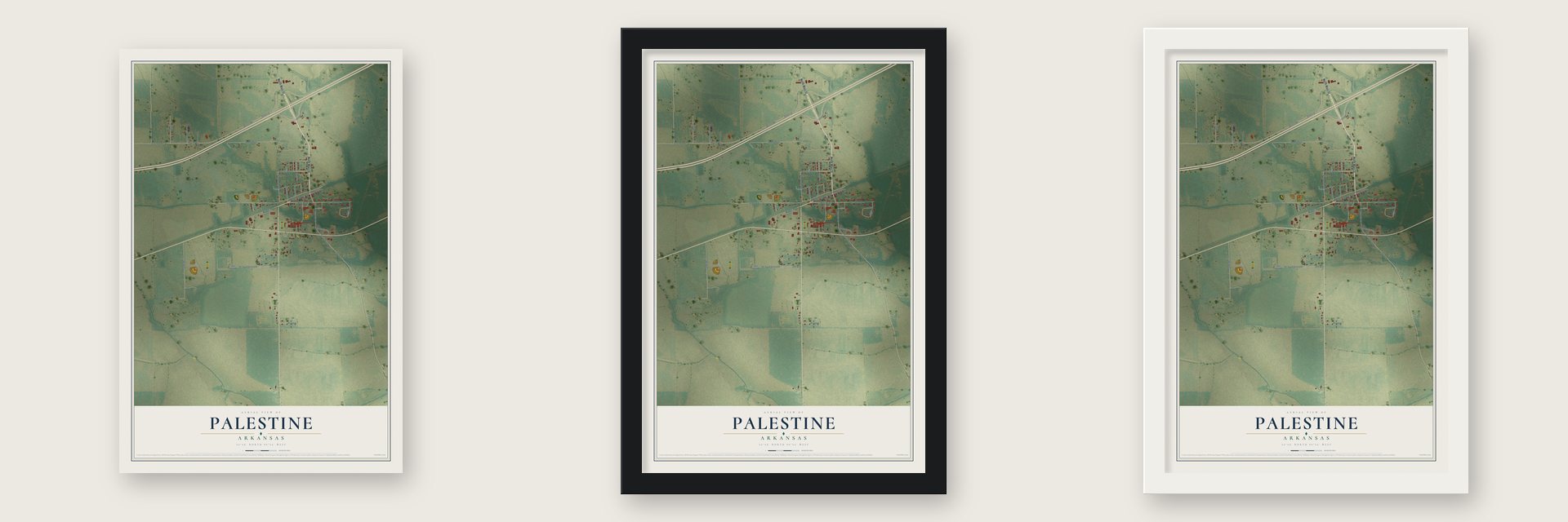 Palestine, Arkansas map unframed, in a black wood frame and in a white wood frame