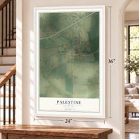 Palestine, Arkansas map, 24 x 36 inch print in a white frame by a staircase