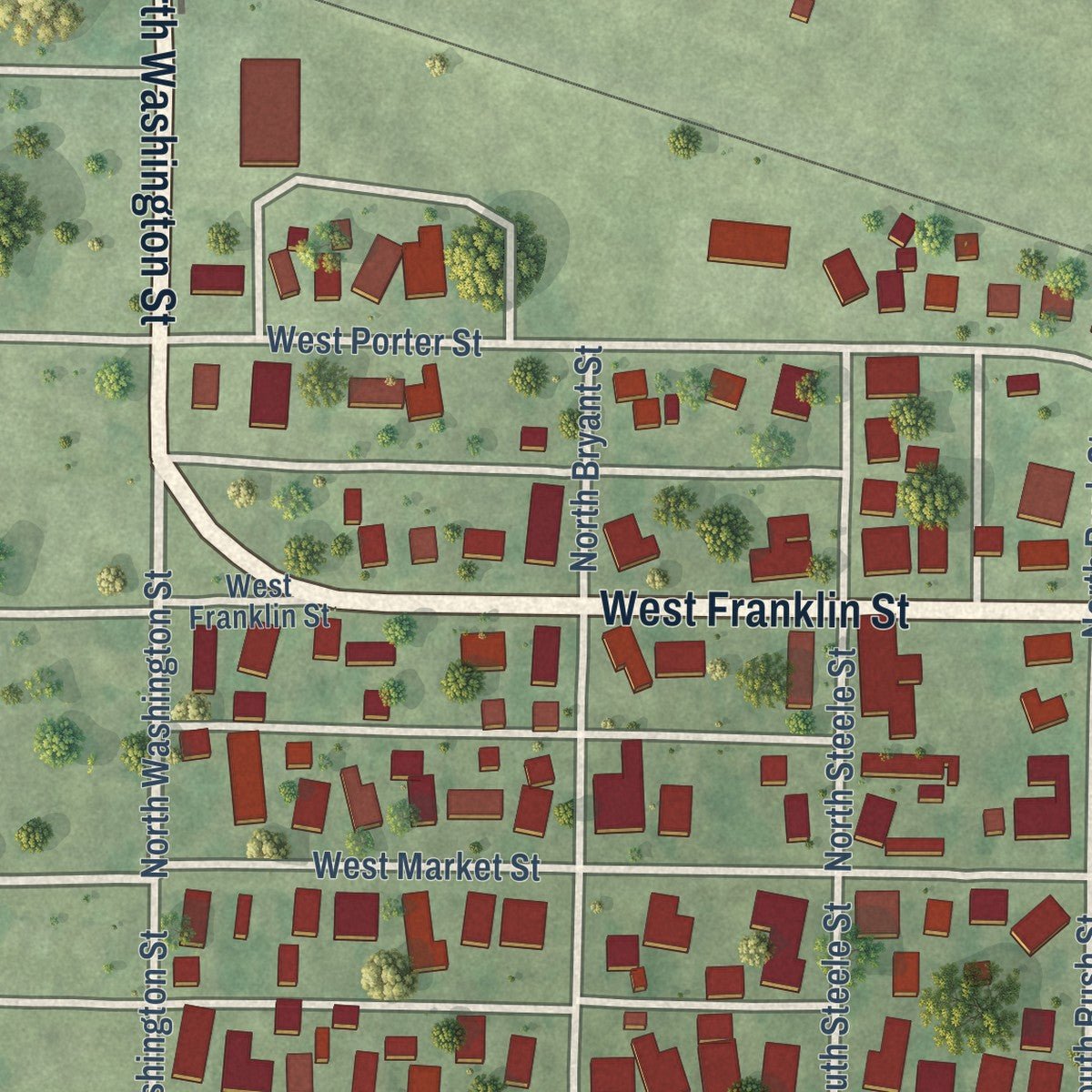 Second close-up of the map of Palestine, Illinois print showing more streets and buildings