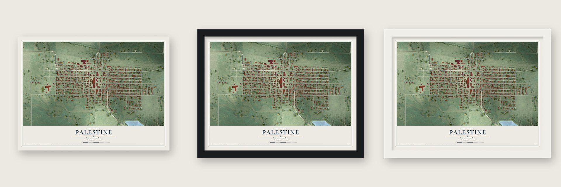Palestine, Illinois map unframed, in a black wood frame and in a white wood frame