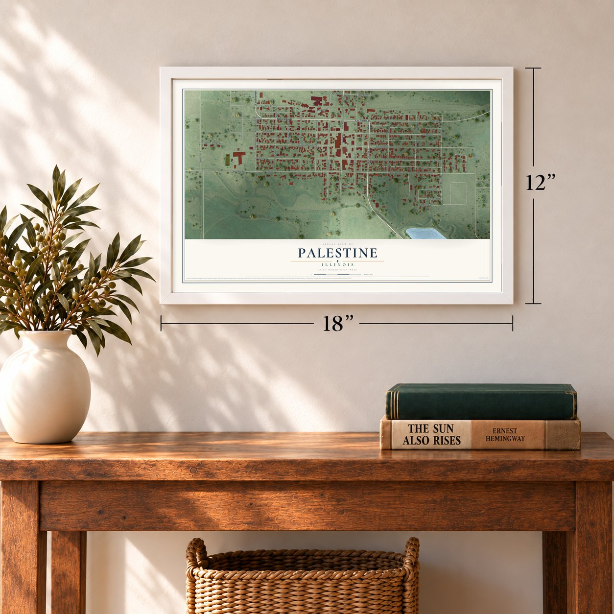 Palestine, Illinois map, 12 x 18 inch print in a white frame in an entryway