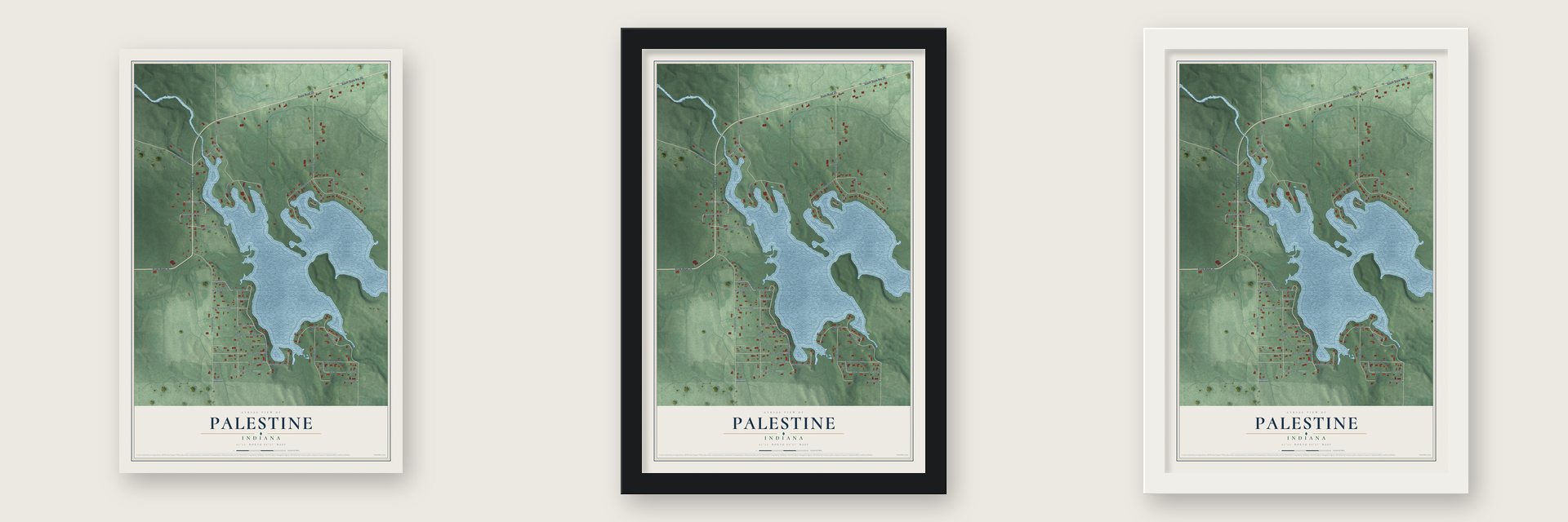 Palestine, Indiana map unframed, in a black wood frame and in a white wood frame