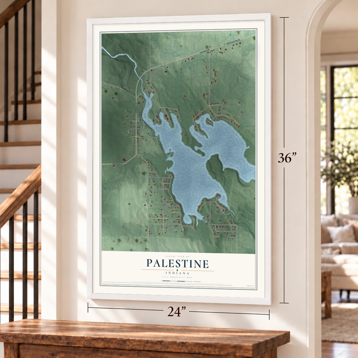 Palestine, Indiana map, 24 x 36 inch print in a white frame by a staircase