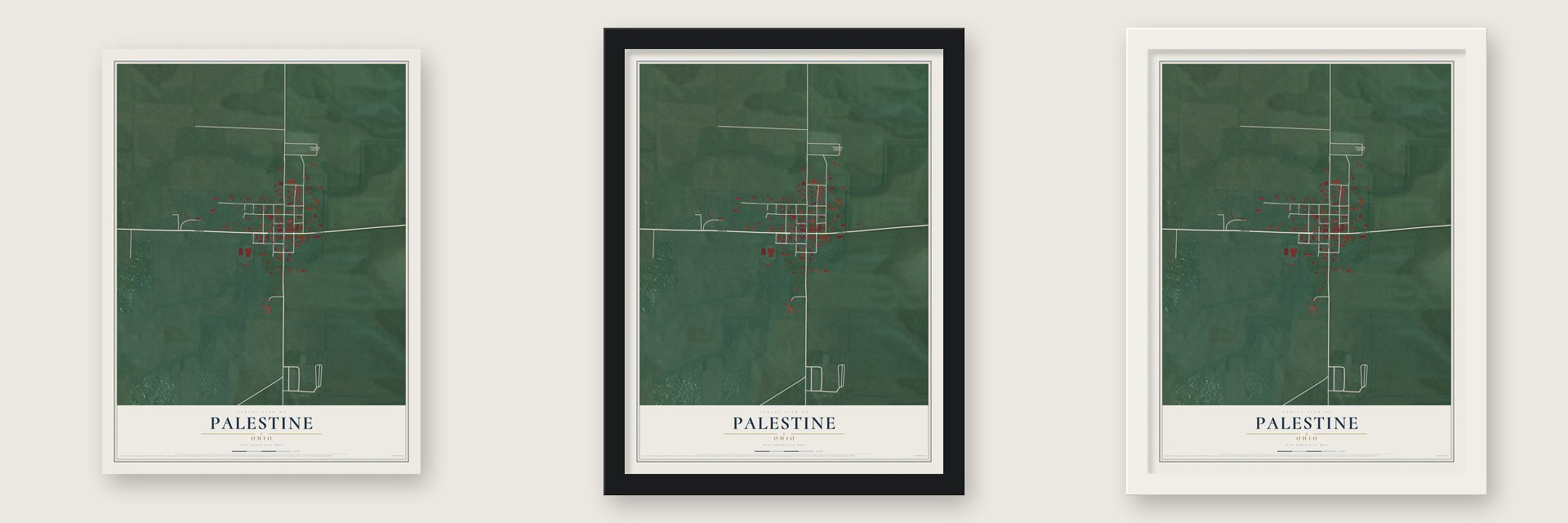 Palestine, Ohio map unframed, in a black wood frame and in a white wood frame