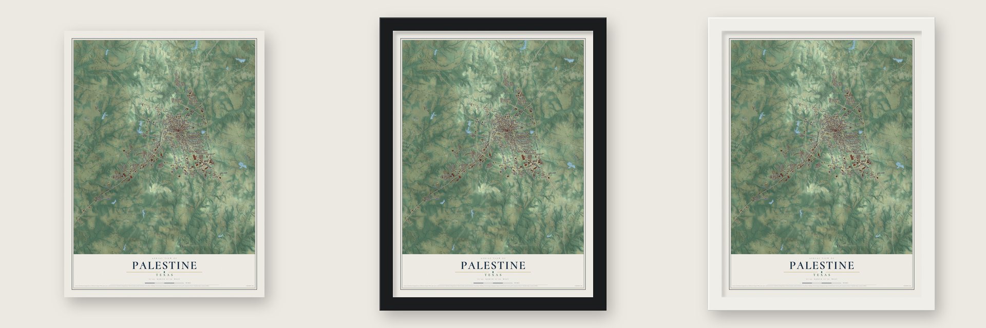 Palestine, Texas map unframed, in a black wood frame and in a white wood frame