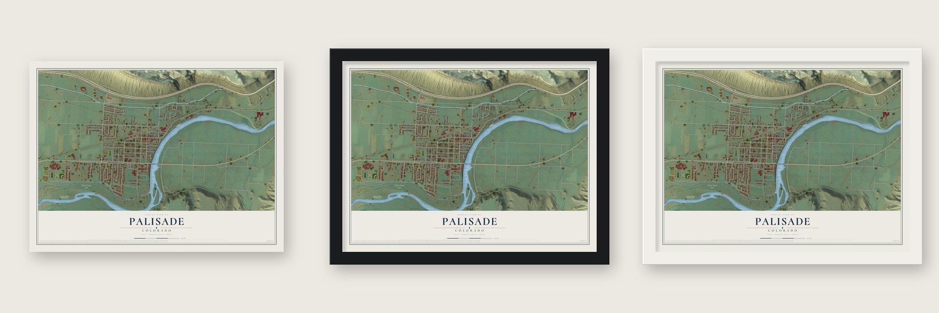 Palisade, Colorado map unframed, in a black wood frame and in a white wood frame