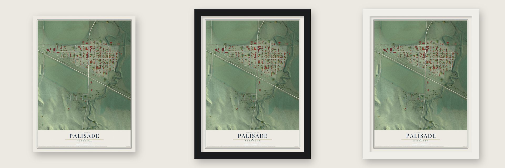 Palisade, Nebraska map unframed, in a black wood frame and in a white wood frame