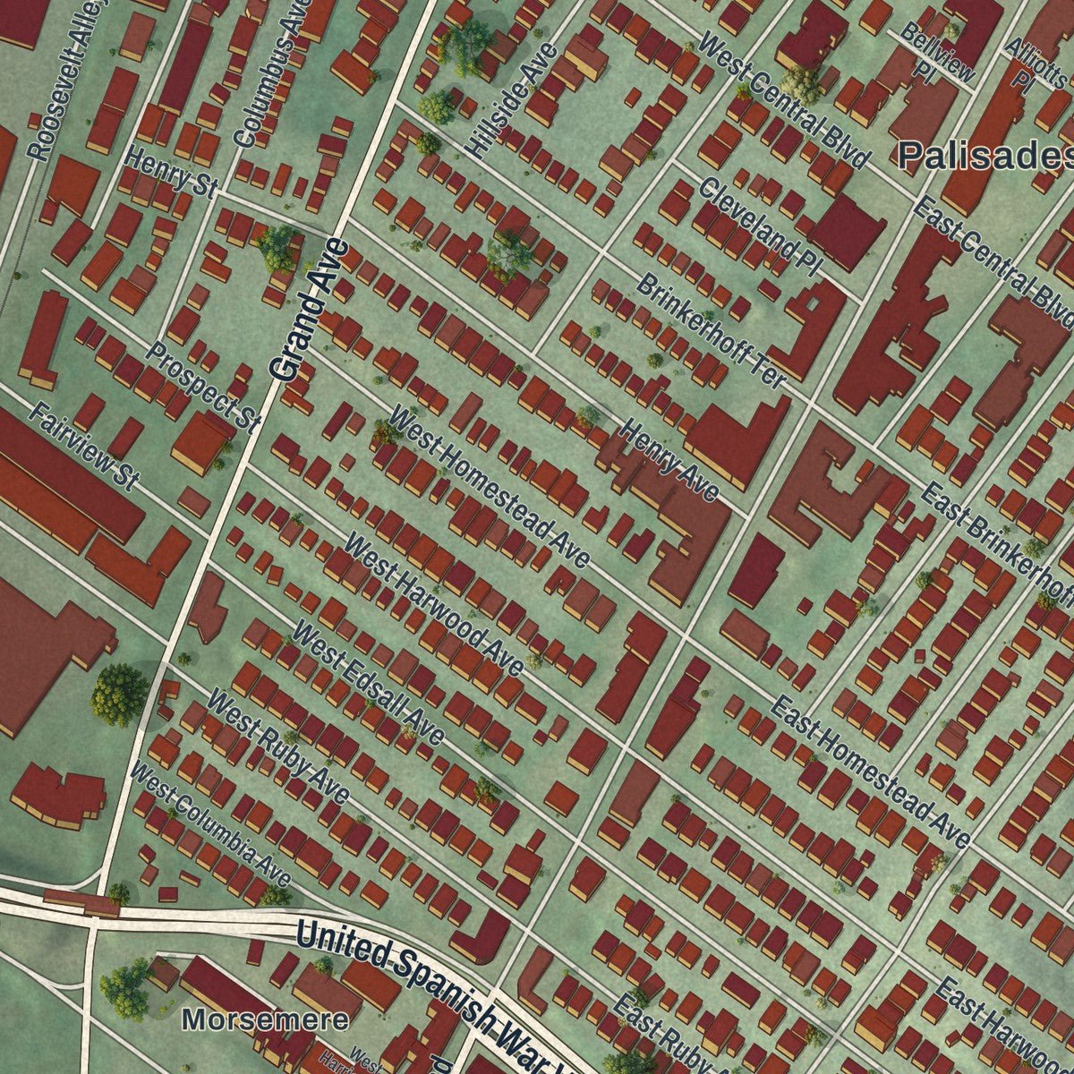 Second close-up of the map of Palisades Park, New Jersey print showing more streets and buildings