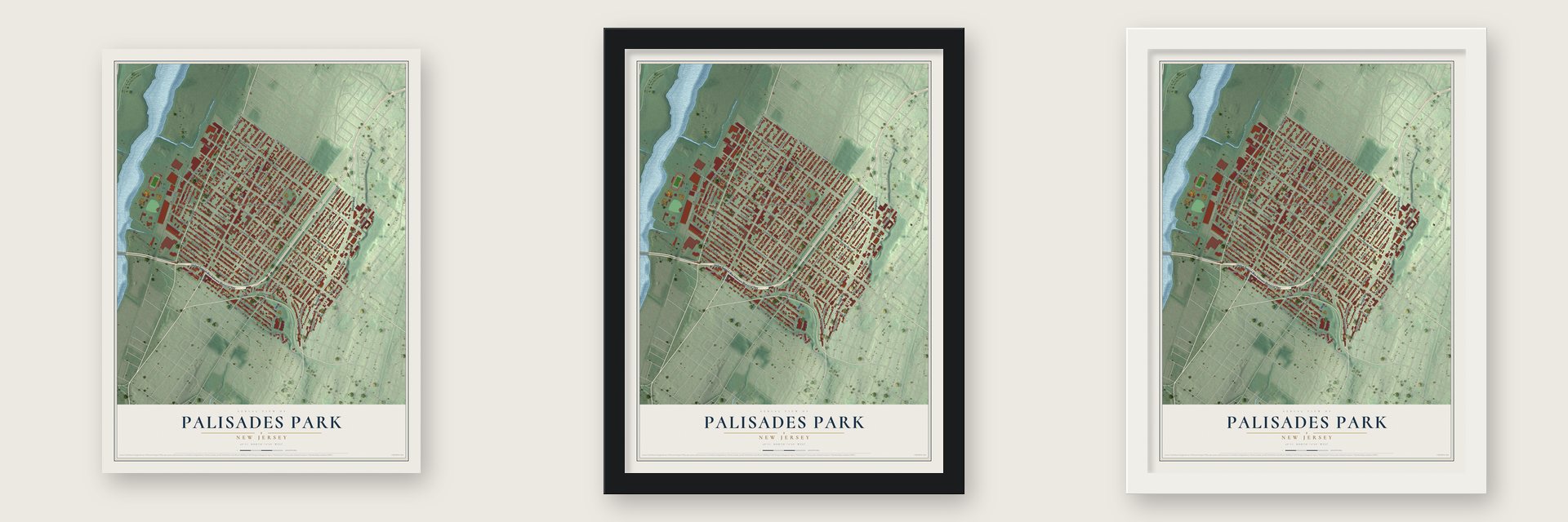 Palisades Park, New Jersey map unframed, in a black wood frame and in a white wood frame