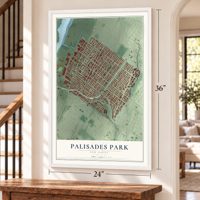 Palisades Park, New Jersey map, 24 x 36 inch print in a white frame by a staircase