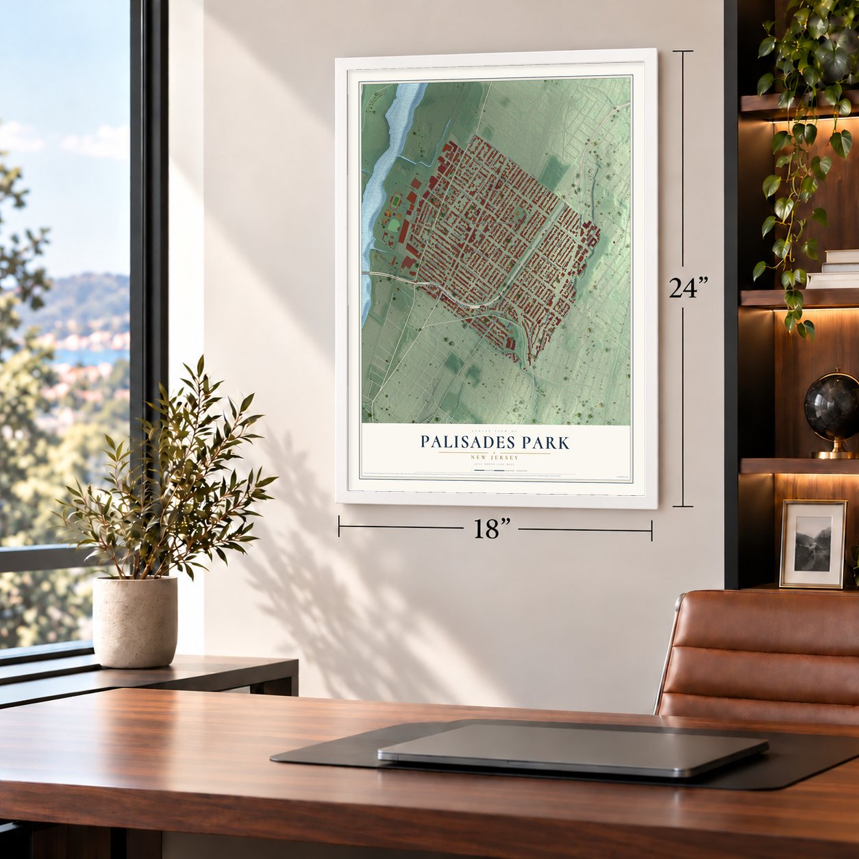Palisades Park, New Jersey map, 18 x 24 inch print in a white frame in a home office