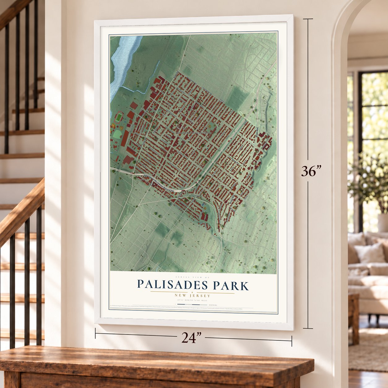 Palisades Park, New Jersey map, 24 x 36 inch print in a white frame by a staircase