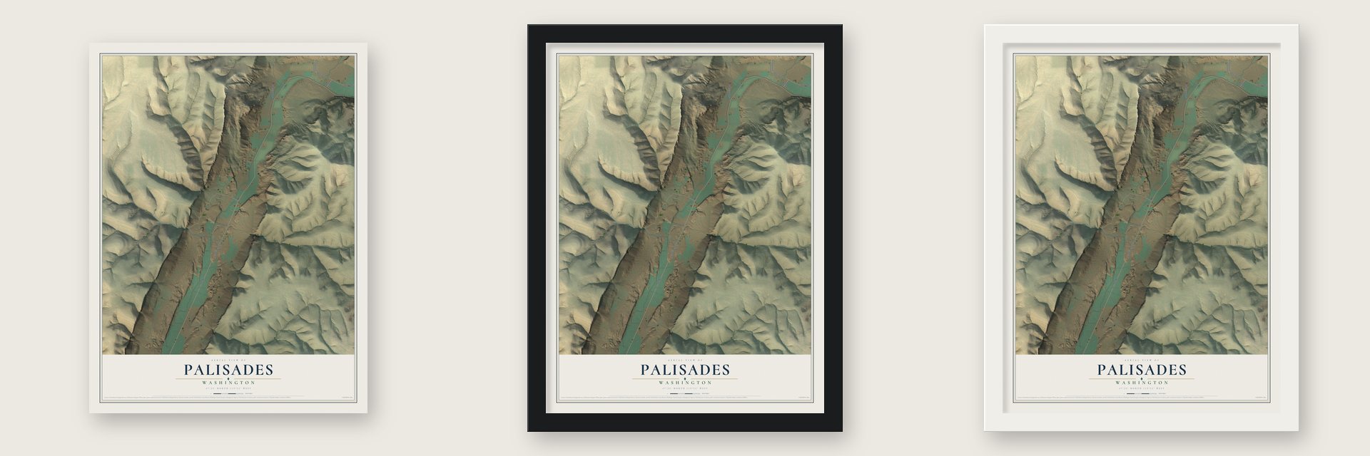Palisades, Washington map unframed, in a black wood frame and in a white wood frame