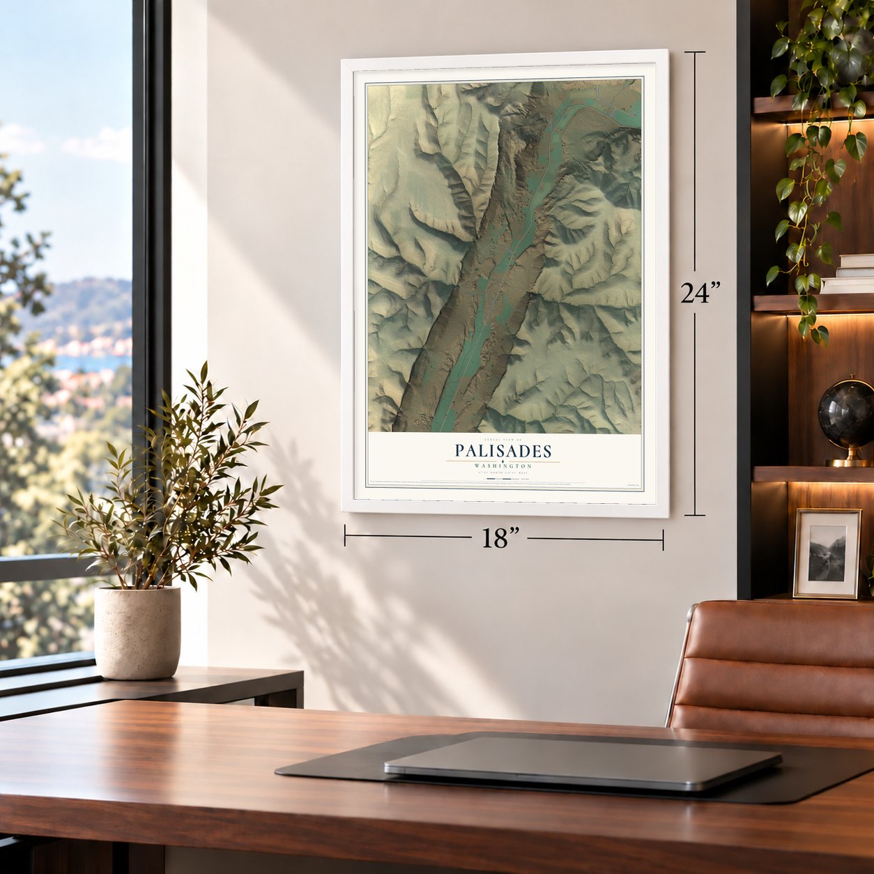 Palisades, Washington map, 18 x 24 inch print in a white frame in a home office