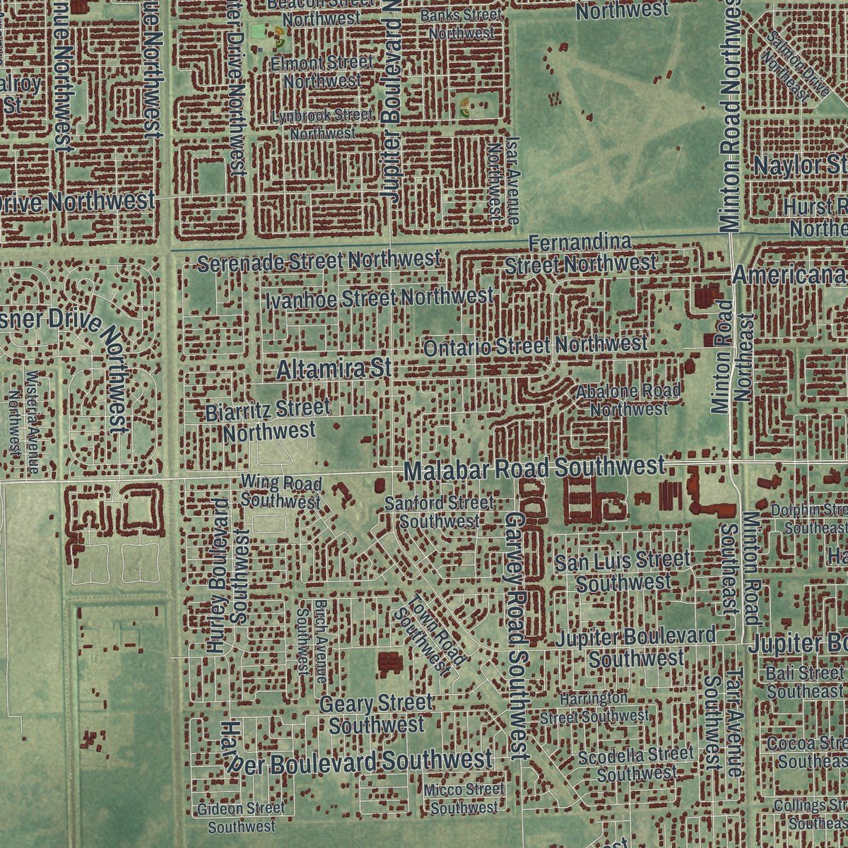 Second close-up of the map of Palm Bay, Florida print showing more streets and buildings