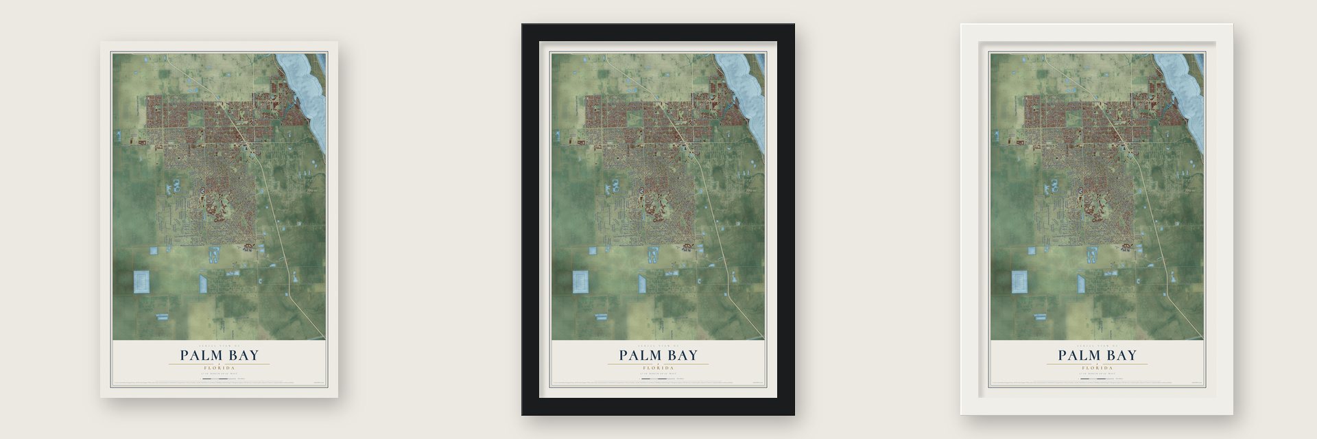 Palm Bay, Florida map unframed, in a black wood frame and in a white wood frame