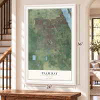 Palm Bay, Florida map, 24 x 36 inch print in a white frame by a staircase