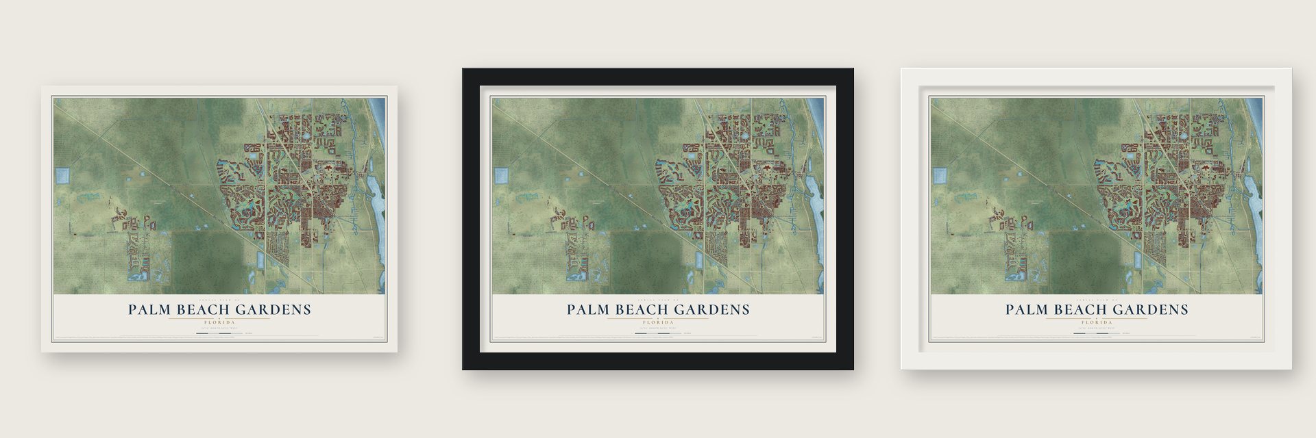 Palm Beach Gardens, Florida map unframed, in a black wood frame and in a white wood frame