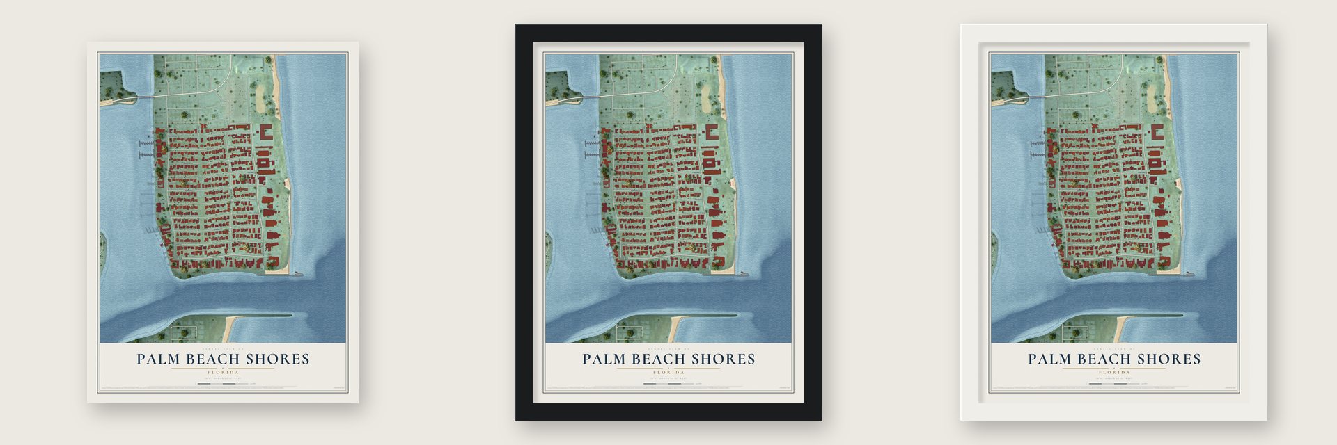 Palm Beach Shores, Florida map unframed, in a black wood frame and in a white wood frame