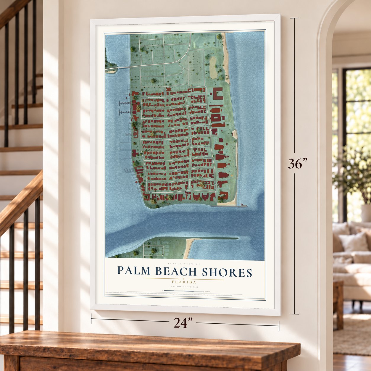 Palm Beach Shores, Florida map, 24 x 36 inch print in a white frame by a staircase