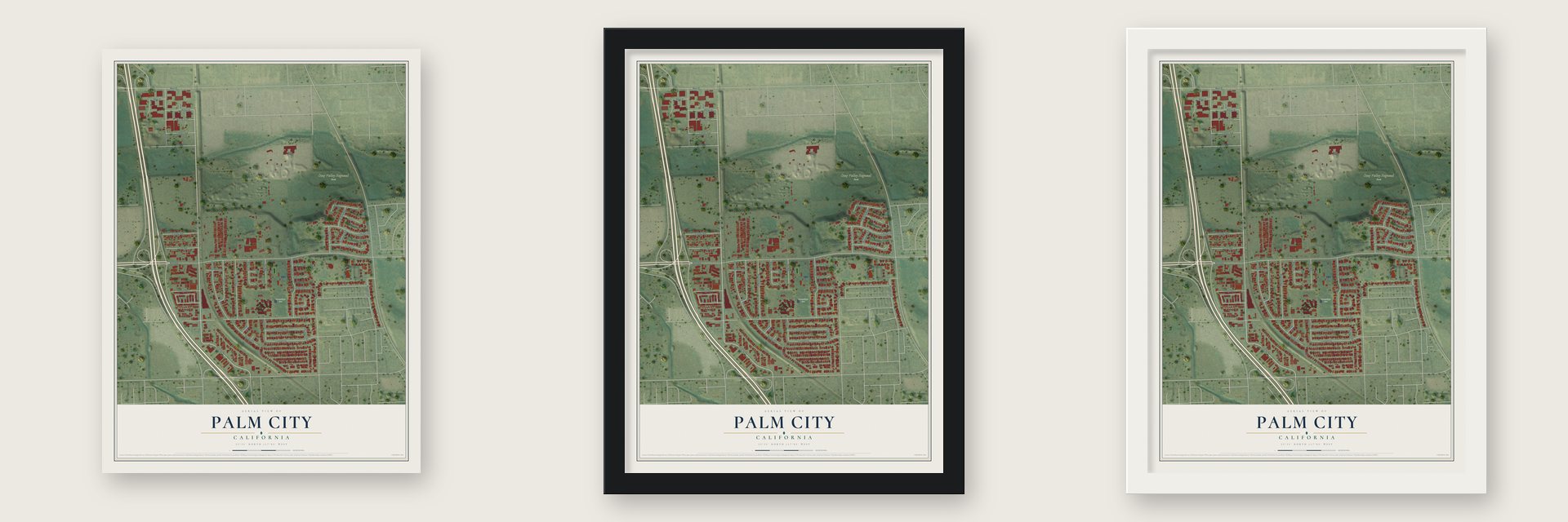 Palm City, California map unframed, in a black wood frame and in a white wood frame