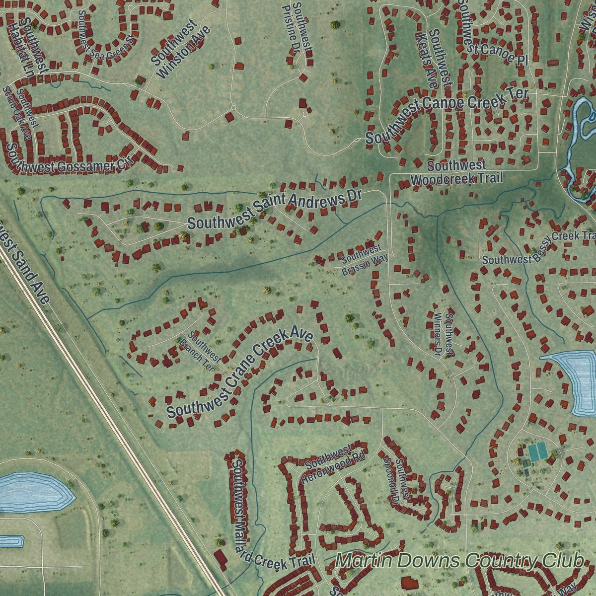 Second close-up of the map of Palm City, Florida print showing more streets and buildings