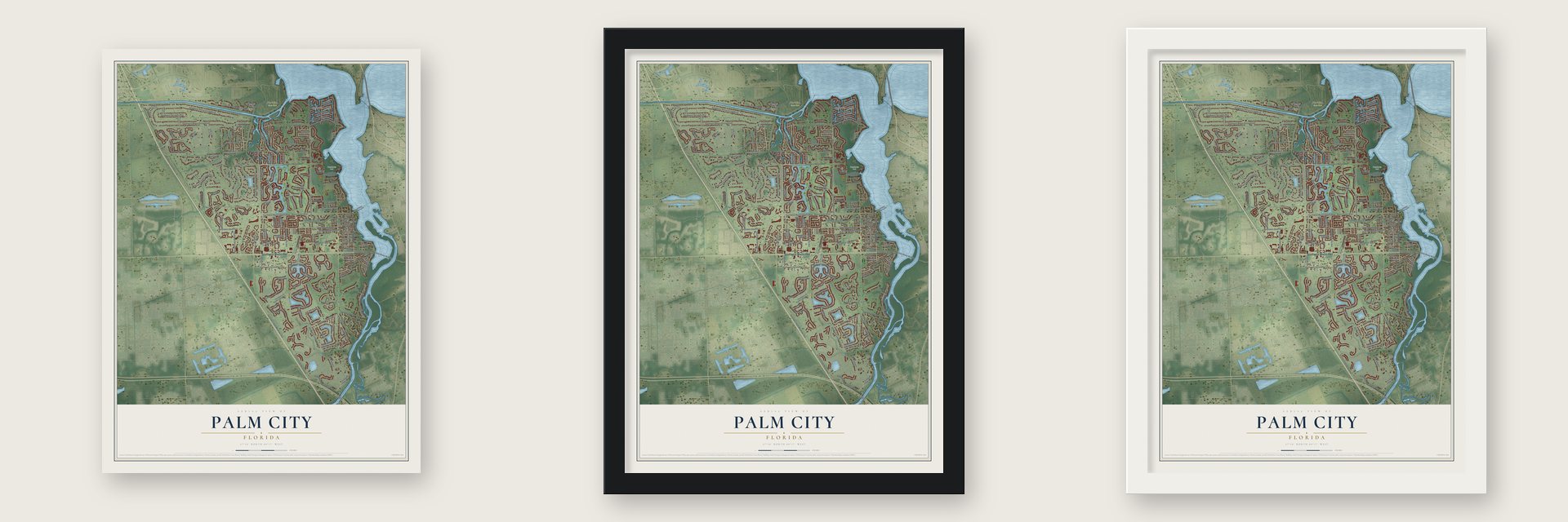 Palm City, Florida map unframed, in a black wood frame and in a white wood frame
