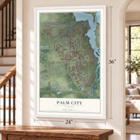 Palm City, Florida map, 24 x 36 inch print in a white frame by a staircase