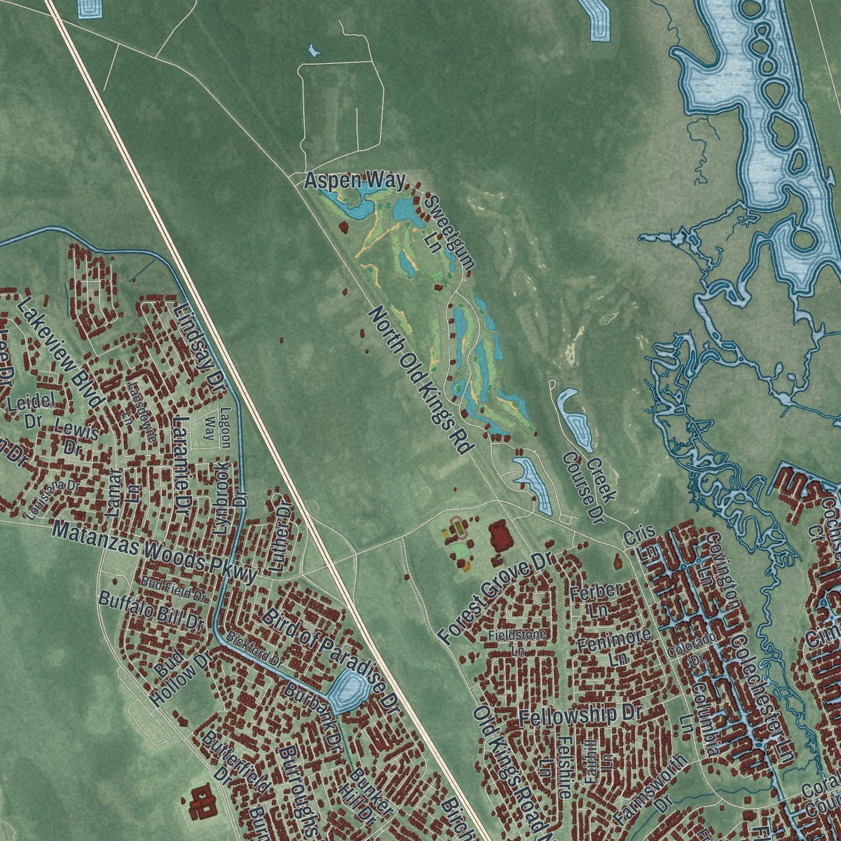 Second close-up of the map of Palm Coast, Florida print showing more streets and buildings