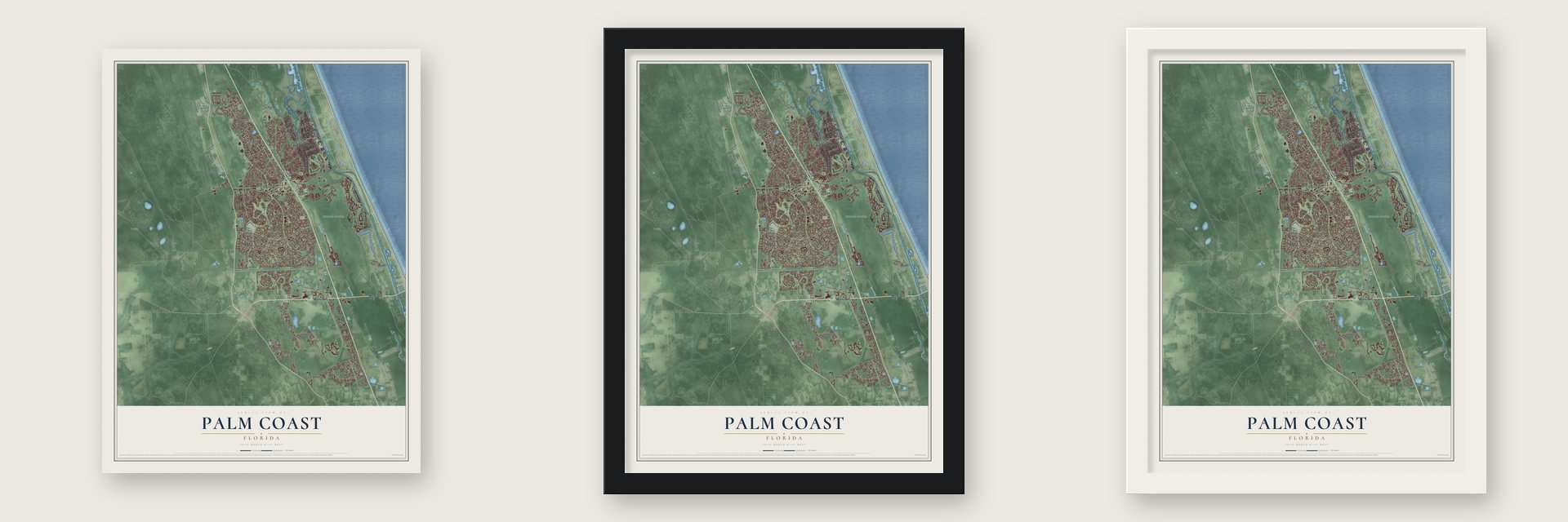 Palm Coast, Florida map unframed, in a black wood frame and in a white wood frame