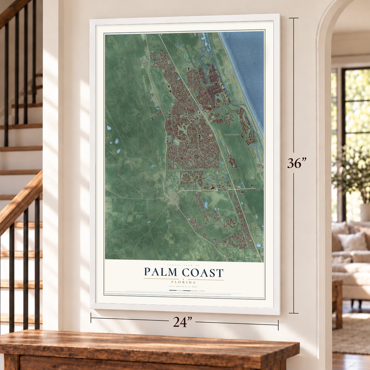 Palm Coast, Florida map, 24 x 36 inch print in a white frame by a staircase