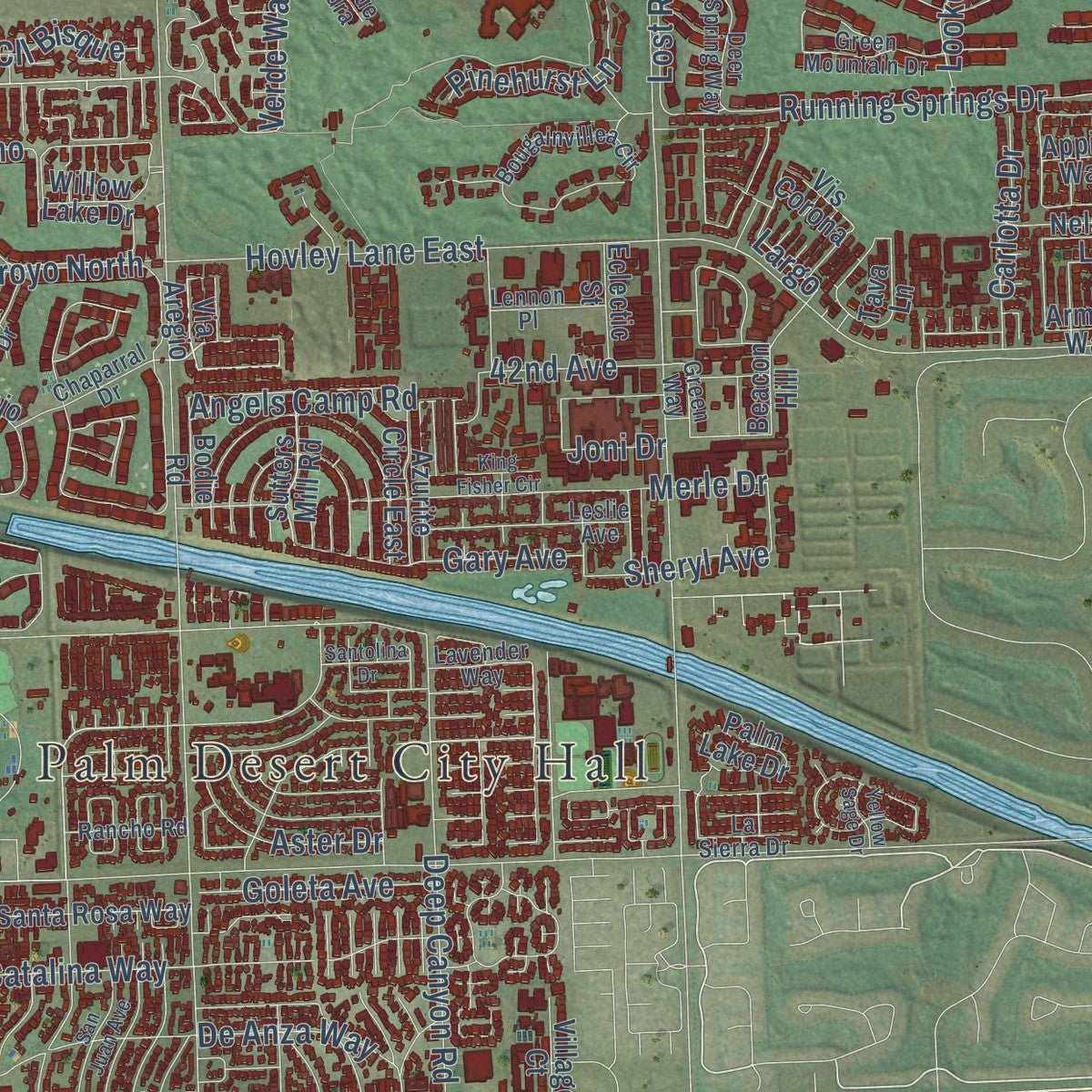 Second close-up of the map of Palm Desert, California print showing more streets and buildings