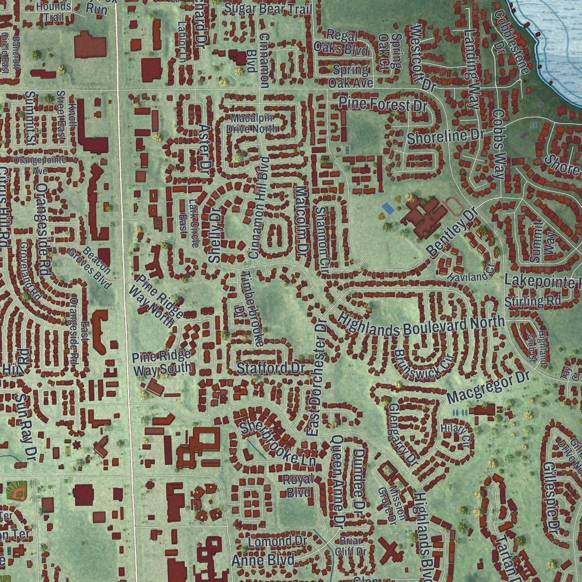 Second close-up of the map of Palm Harbor, Florida print showing more streets and buildings