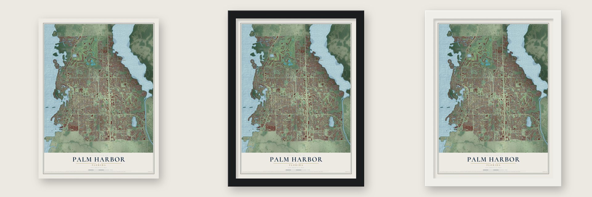 Palm Harbor, Florida map unframed, in a black wood frame and in a white wood frame